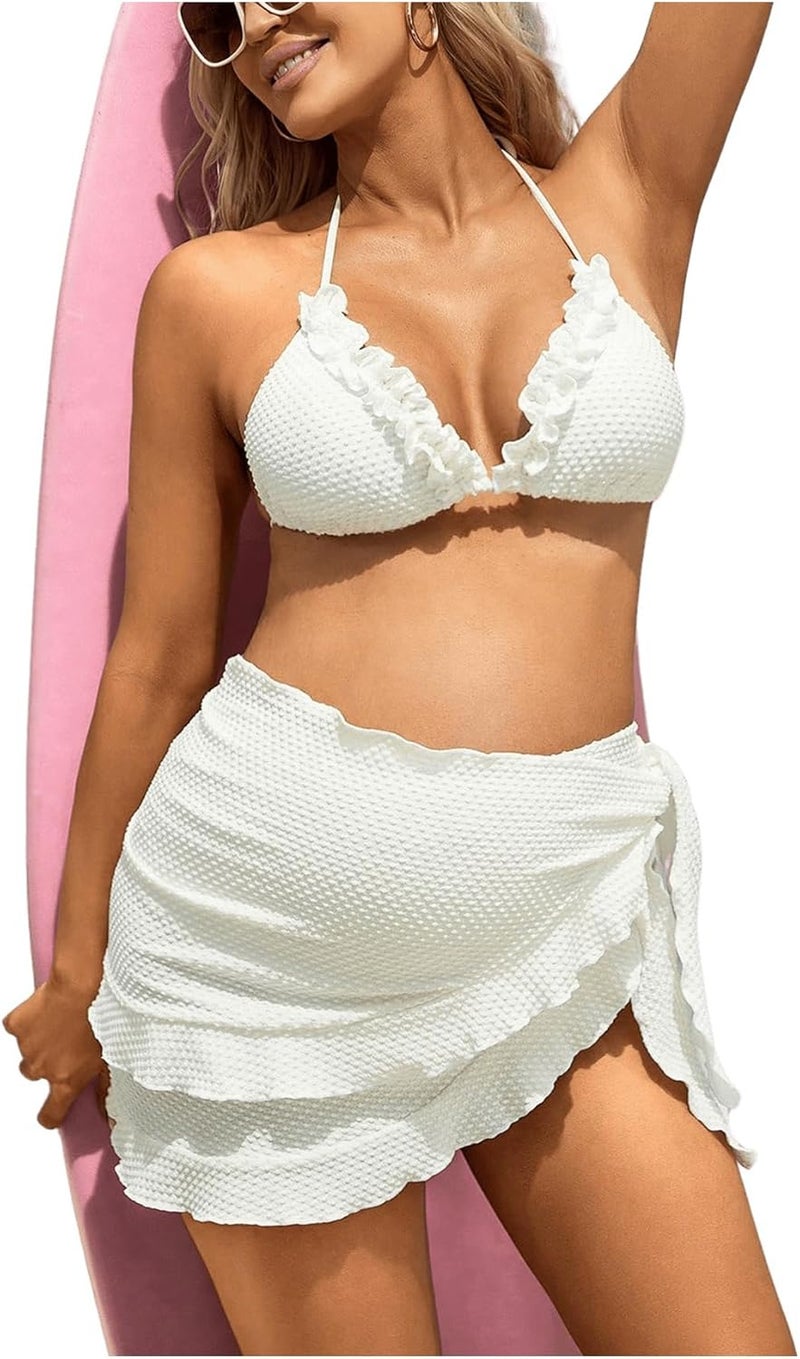 BEAUDRM Store Women's Maternity 3 Pieces Swimsuit Textured Ruffle Trim Halter Bikini Set with Beach Skirt - Image 1